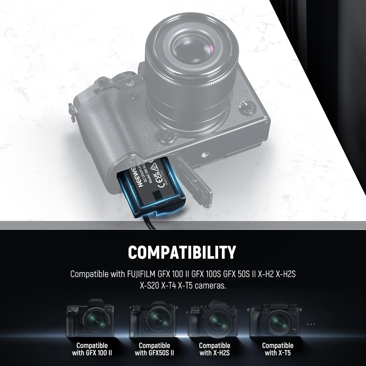 Set acumulator dummy Neewer NP-W235 cu adaptor încărcare continuă, lungime cablu 367cm, compatibil cu camere Fujifilm
