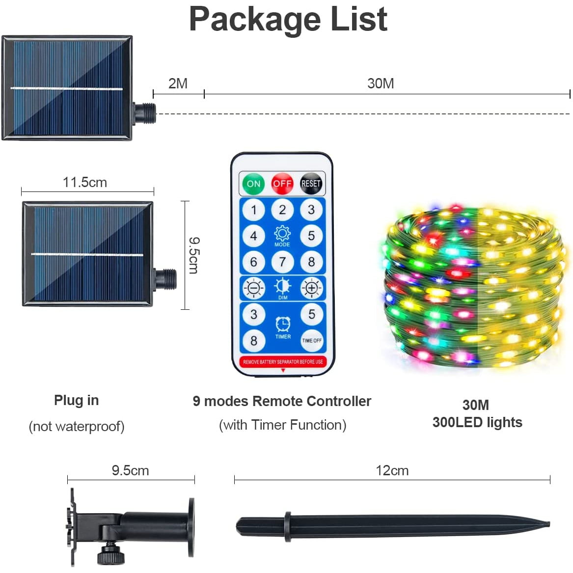 Ghirlanda luminoasa LED de 30 m cu panou solar, cu telecomanda, 8 moduri iluminare, impermeabila IP 65, lumina alba sau colorata, pentru decorare casa, gradina