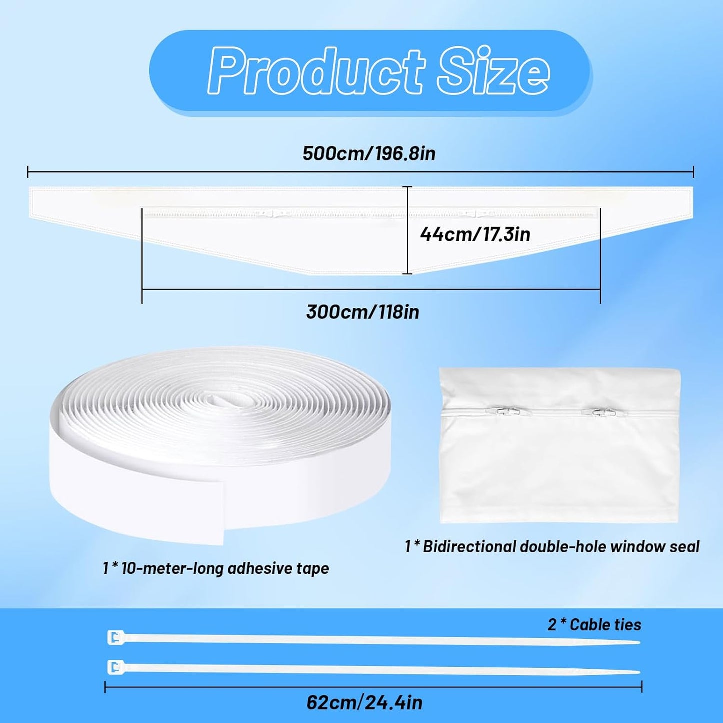 Garnitura ferestre pentru aer conditionat portabil, 500 cm, impermeabila, fermoar dublu pentru 1 sau 2 furtunuri, material PU termoizolant, montaj fara gaurire, anti-insecte, anti-praf, pentru ferestre batante si oscilo-batante