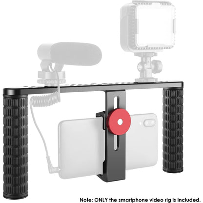 Cadru video rig pentru smartphone, cu 2 manere, 2 cold shoe mount, multiple fileturi 1/4, compatibil cu telefon cu latime pana in 9.4 cm