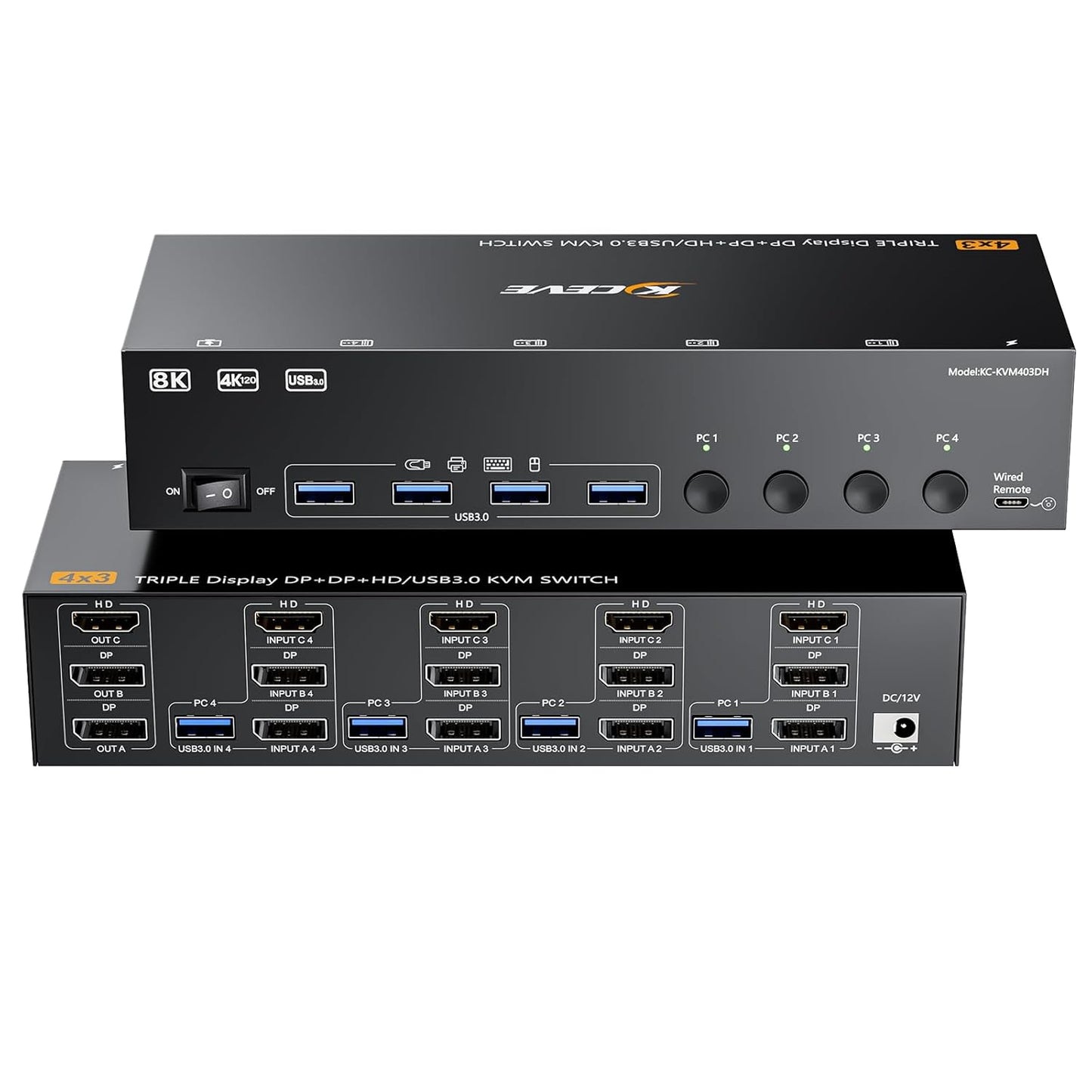 Comutator KVM Triple Monitor KCEVE pentru 4 PC-uri si 3 monitoare, 2x DisplayPort + HDMI, rezolutie pana la 8K 30Hz / 4K 144Hz, transfer date USB 3.0 5Gbps, 4 porturi USB pentru tastatura, mouse, imprimanta si stick USB, comutare prin buton, Plug & Play