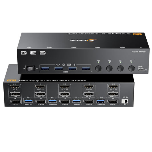 Comutator KVM Triple Monitor KCEVE pentru 4 PC-uri si 3 monitoare, 2x DisplayPort + HDMI, rezolutie pana la 8K 30Hz / 4K 144Hz, transfer date USB 3.0 5Gbps, 4 porturi USB pentru tastatura, mouse, imprimanta si stick USB, comutare prin buton, Plug & Play