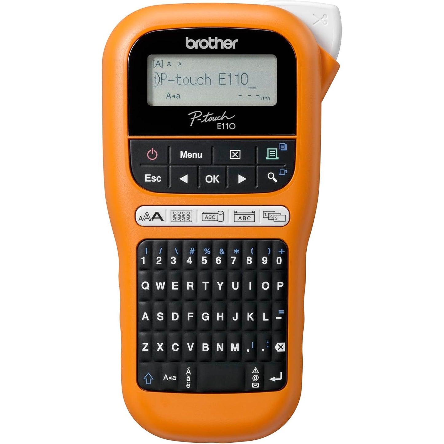Imprimanta termica de etichete portabila cu tastatura QWERTY si simboluri electrice integrate, aparat de etichetat Brother P-Touch E110, portocaliu