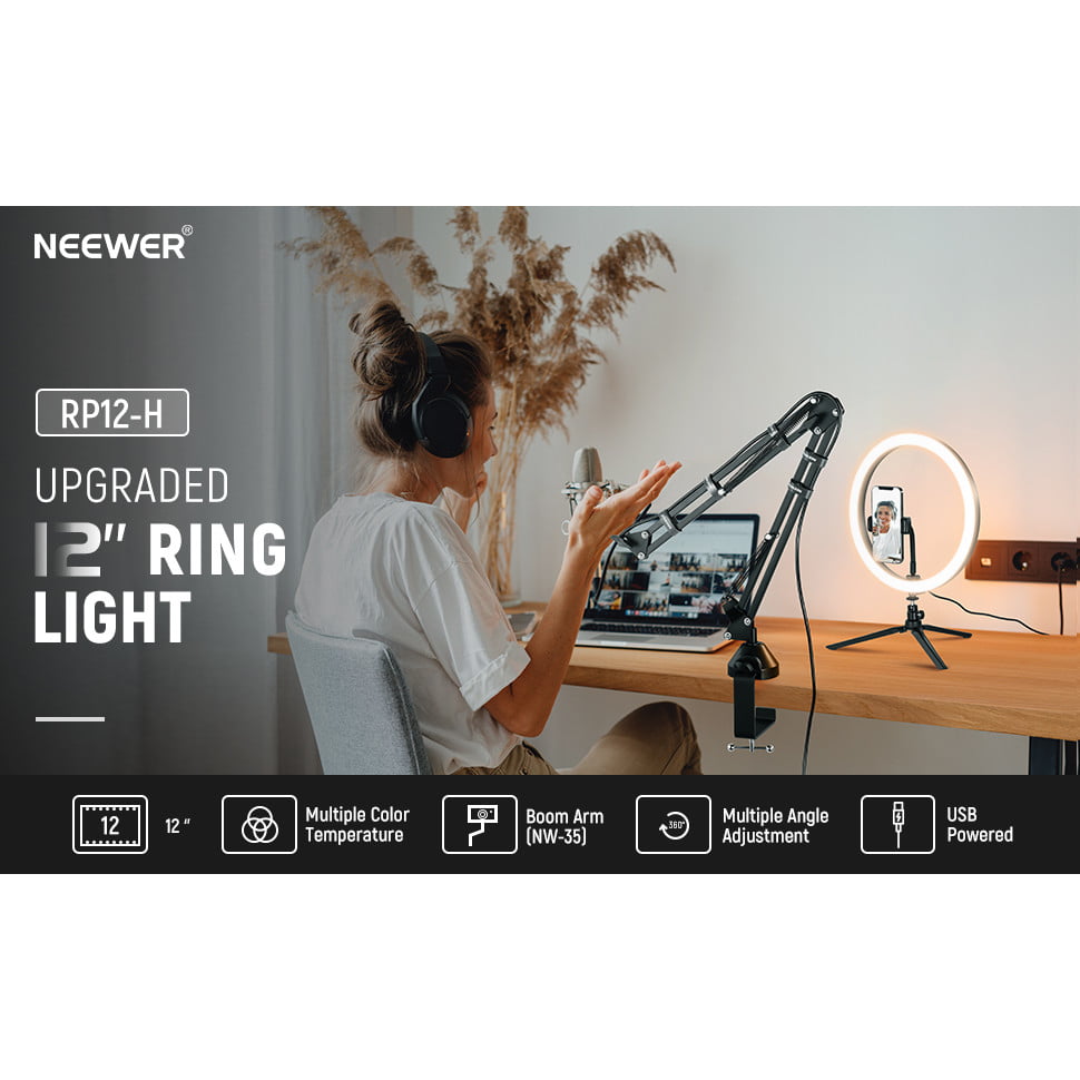 Ring Light LED cu trepied si brat cu menghina,Lampa circulara cu suport smartphone, telecomanda, montura cap tip bila, adaptor de la 5/8" la 3/8" si adaptor de la 1/4" la 5/8", pentru machiaj, vlog, streaming, inregistrare video