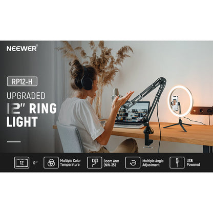 Ring Light LED cu trepied si brat cu menghina,Lampa circulara cu suport smartphone, telecomanda, montura cap tip bila, adaptor de la 5/8" la 3/8" si adaptor de la 1/4" la 5/8", pentru machiaj, vlog, streaming, inregistrare video