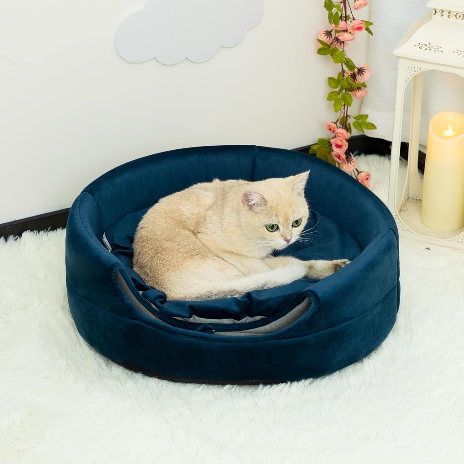 Patut caini si pisici 2 in 1, culcus pliabil pentru animale de companie mici, forma casuta si pat, din bumbac si tesatura de catifea, albastru inchis