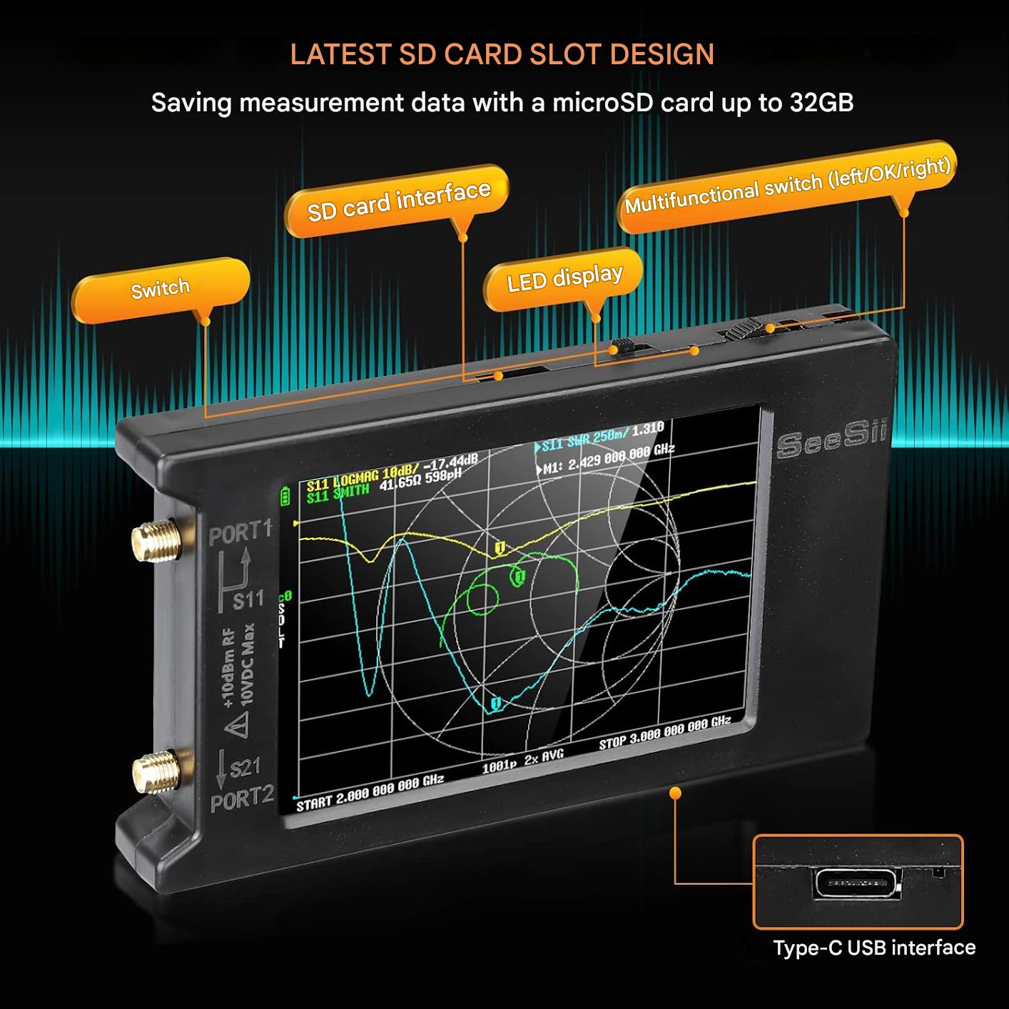Analizor de retea vectoriala Seesii LiteVNA, banda 50 kHz–6,3 GHz, Slot MicroSD, masurare Smith Chart S, SWR, parametri HF/VHF/UHF, cu touchscreen de 4 inch, intarziere faza, instrument profesionist pentru radioamatori si inginerie RF