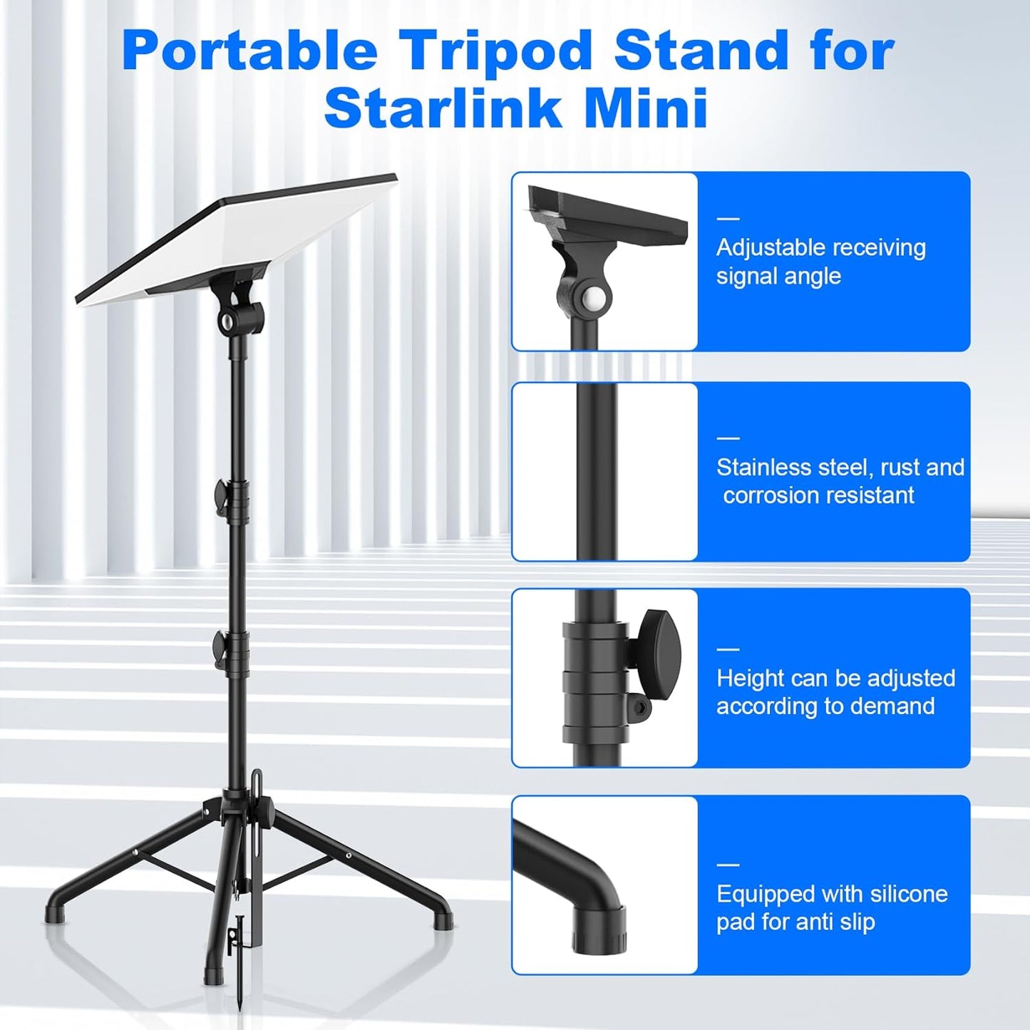 Suport trepied Starlink Mini, inaltime reglabila 66-124 cm, otel inoxidabil, ultra-stabil cu tarusi, portabil pentru camping, curte si calatorii, cu geanta de transport