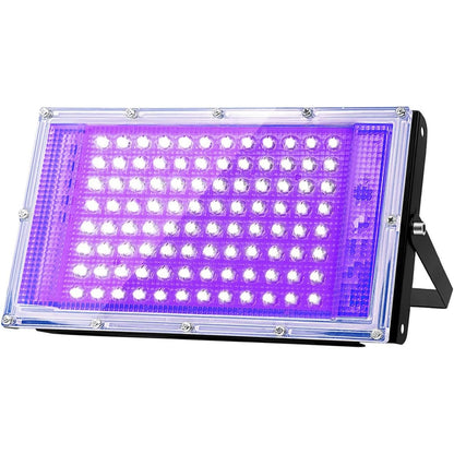 Proiector UV LED 100W IP66 395-400nm, lumina neagra 395–400 nm, IP66 impermeabil, 96 LED, unghi 180°, carcasa aluminiu, intrerupator + cablu 1.5 m, suport reglabil 360°, pentru petreceri, bar, club, Halloween, scena