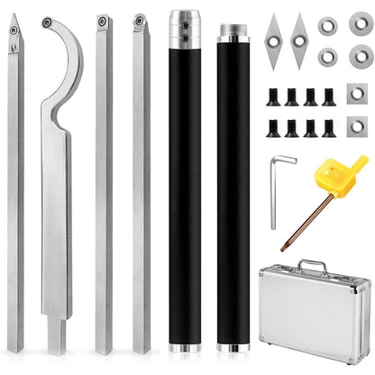 Set unelte prelucrare lemn, cutite pentru strung lemn, cu placute amovibile din carbura si tije de prelungire, dalti strunjire in cutie de transport si depozitare din aluminiu