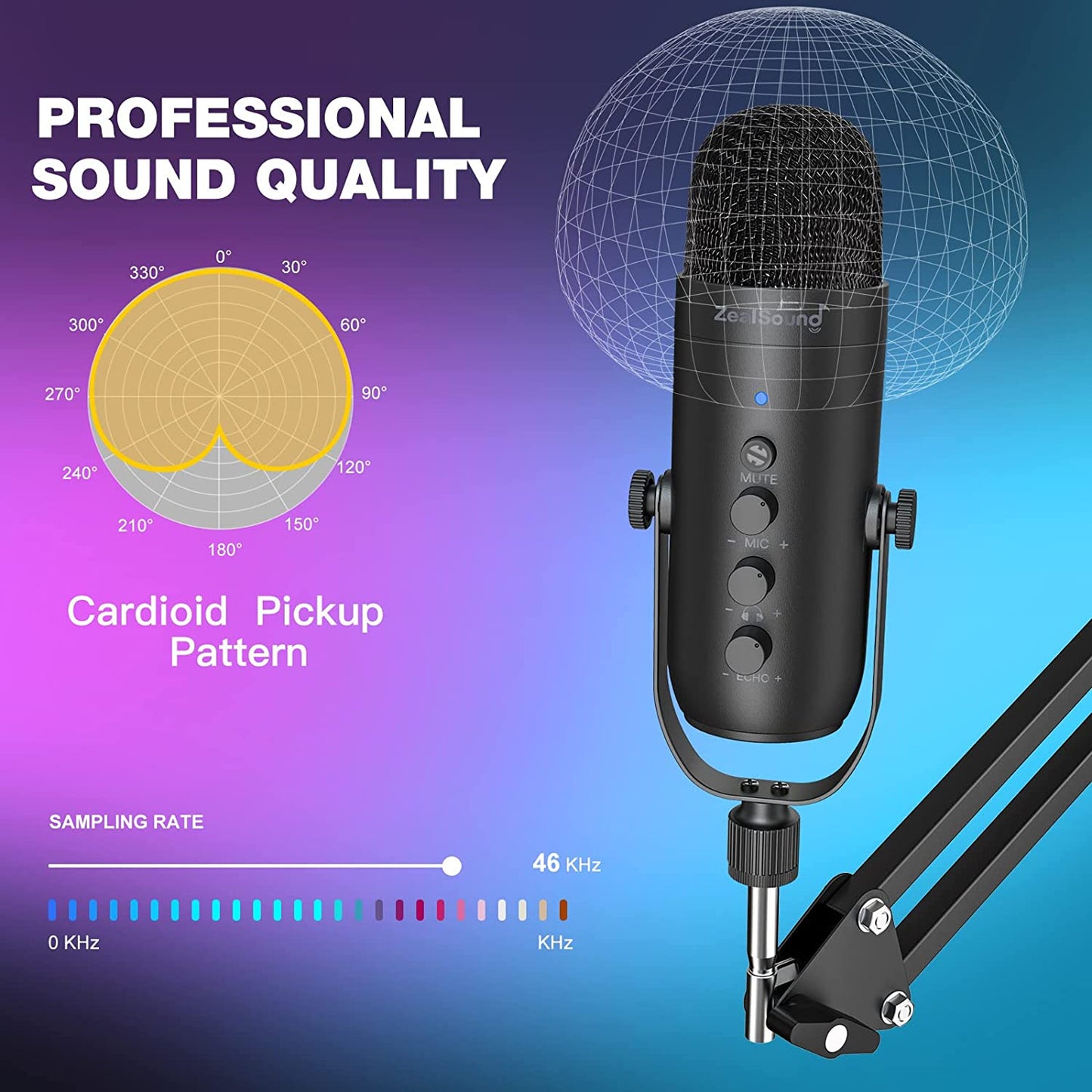 Set microfon condensator USB cu brat cu menghina, Profesional, Plug and Play, cardioid, butoane mute, control volum, control eco, compatibil PC, Smartphone, PS4, PS5, Tableta