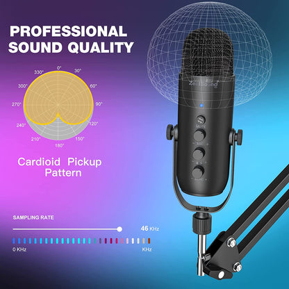 Set microfon condensator USB cu brat cu menghina, Profesional, Plug and Play, cardioid, butoane mute, control volum, control eco, compatibil PC, Smartphone, PS4, PS5, Tableta