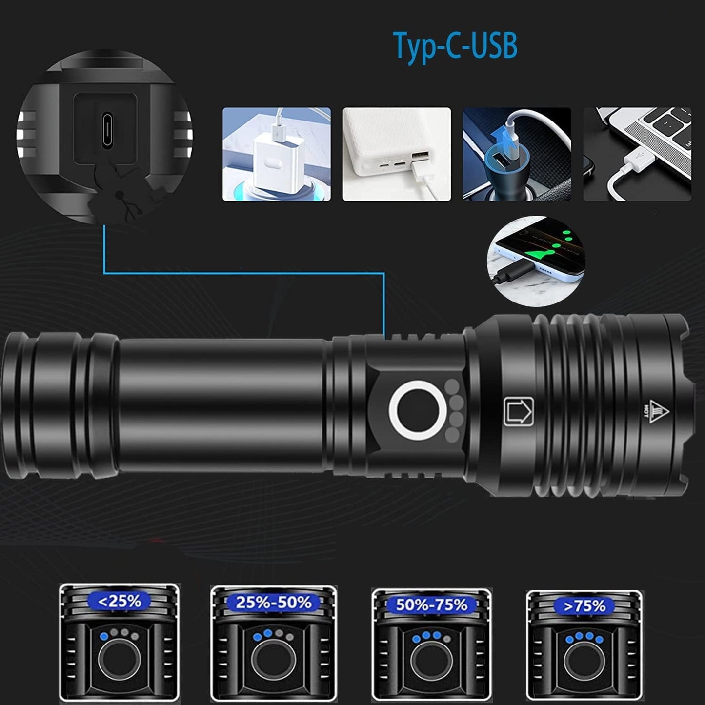 Lanterna tactica LED 30.000 lumeni, reincarcabila, cu baterie de 6800 mAh, 5 moduri iluminare, impermeabila IP67, indicator nivel baterie, din aluminiu