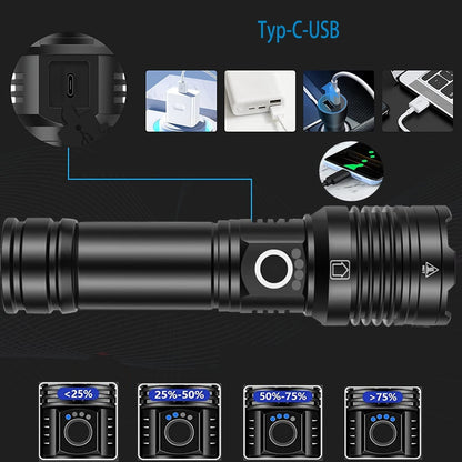 Lanterna tactica LED 30.000 lumeni, reincarcabila, cu baterie de 6800 mAh, 5 moduri iluminare, impermeabila IP67, indicator nivel baterie, din aluminiu