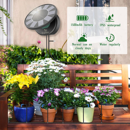 Sistem de irigatii solare automat pentru gradina, balcon si terasa, picurare 10 m, 9 programe de udare, panou solar reglabil cu baterie 1500 mAh, temporizator integrat, economisire apa si usor de instalare