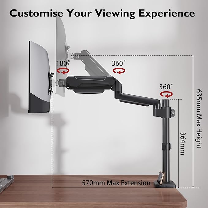 Suport de monitor BONTEC pentru ecran LCD LED de 13-34 inch, greutate 3-9 kg, ridicare pe gaz, monitor cu un singur brat, rotatie la 360°, inclinare, clema de birou, VESA 75/100 mm