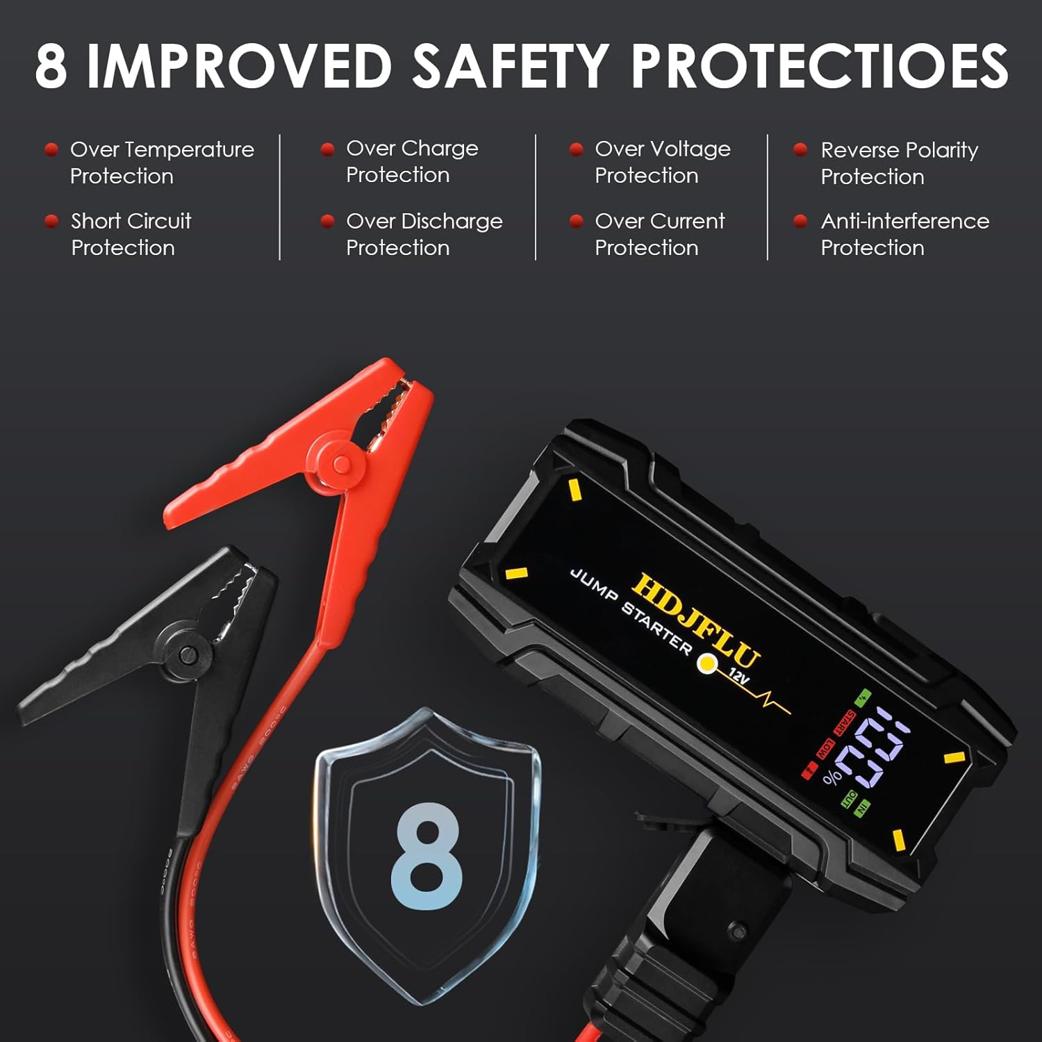 Starter auto portabil, jump starter 3000 A, robot de pornire cu functie powerbank de 24000 mAh, lanterna LED, ecran LCD, port USB-C, pana la 7 litri benzina si 5.5 litri diesel 12V, multifunctional