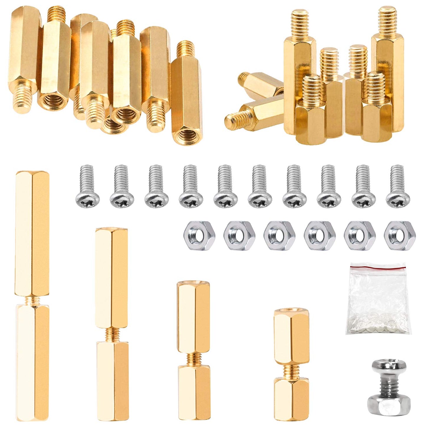 Set distantiere M3, mama-mama si mama-tata, din alama, cu suruburi si piulite din otel si saibe din plasitc, pentru placa PCB, 180 buc