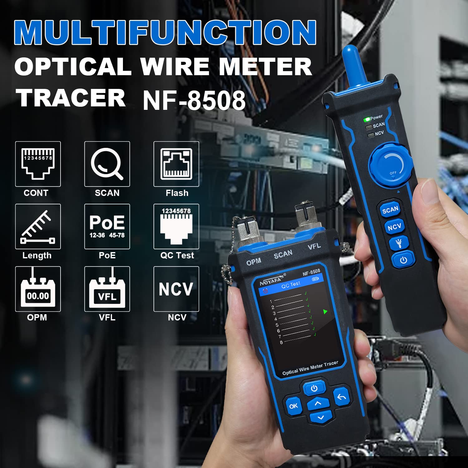 Tester cablu de retea cu powermetru, POE, NCV, UTP CAT5/CAT6, test OPM, VFL, masurarea lungimii, cu lumina LED, ecran LCD, Noyafa