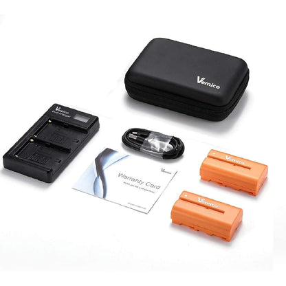 Set 2 acumulatori si incarcator cu LCD Vemico, NP-F550 3000 mAh , cablu USB tip C, baterie de schimb pentru camera NP F970 / F960 / F770 / F750 / F570 / F550 / F530 / F330 / CCD-SC55 / TR516 / TR716 / TR818 / TR910 / TR917 / TR940
