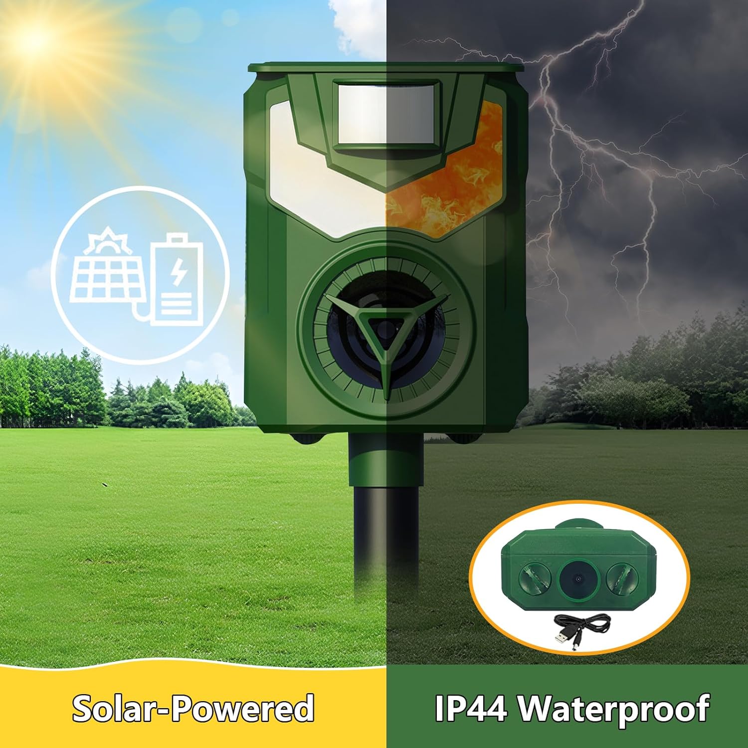 Aparat impotriva daunatorilor, cu panou solar, ultrasunete, lumina tip flacara, senzor de miscare, 5 moduri de functionare, impermeabil IP44, portabil