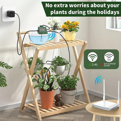 Kit sistem irigare prin picurare WiFi, Pentru 10 ghivece, Wireless, Control prin aplicatie Tuya, Programabil, Alimentare prin Baterii AA si USB, Furtun de 10 m, Sunlary