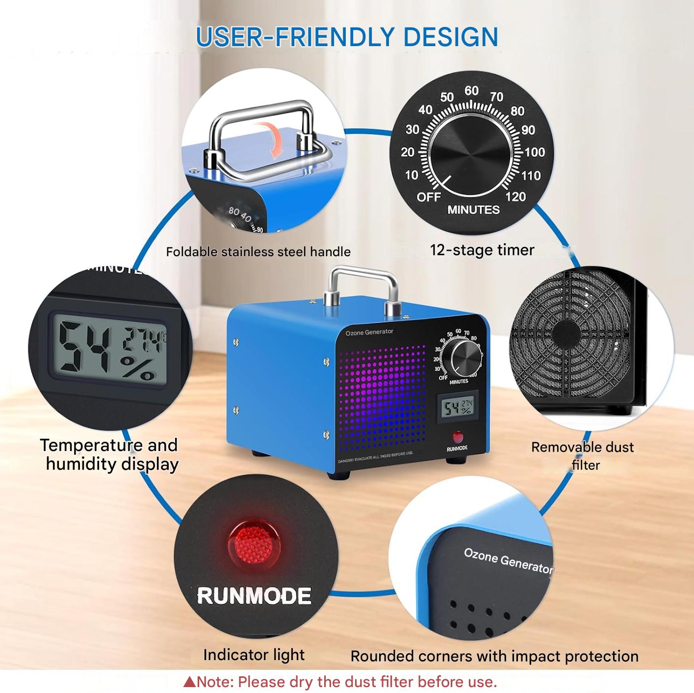 Generator profesional de ozon, 60.000 mg/h, temporizator 120 min, sterilizare, dezinfectare, cu afisaj temperatura si umiditate, purificator de aer O3 pentru masina, casa, bucatarie si zone cu animale – albastru