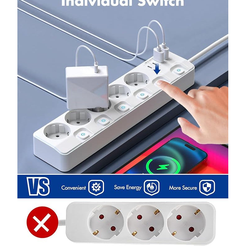 Prelungitor pentru perete/podea, 5 prize cu intrerupator individual, 2 porturi USB-C, 2 port USB-A, cu prindere pentru perete, 4 picioare silicon, cablu de 2 m, protectie la supratensiune, material ignifug, alb
