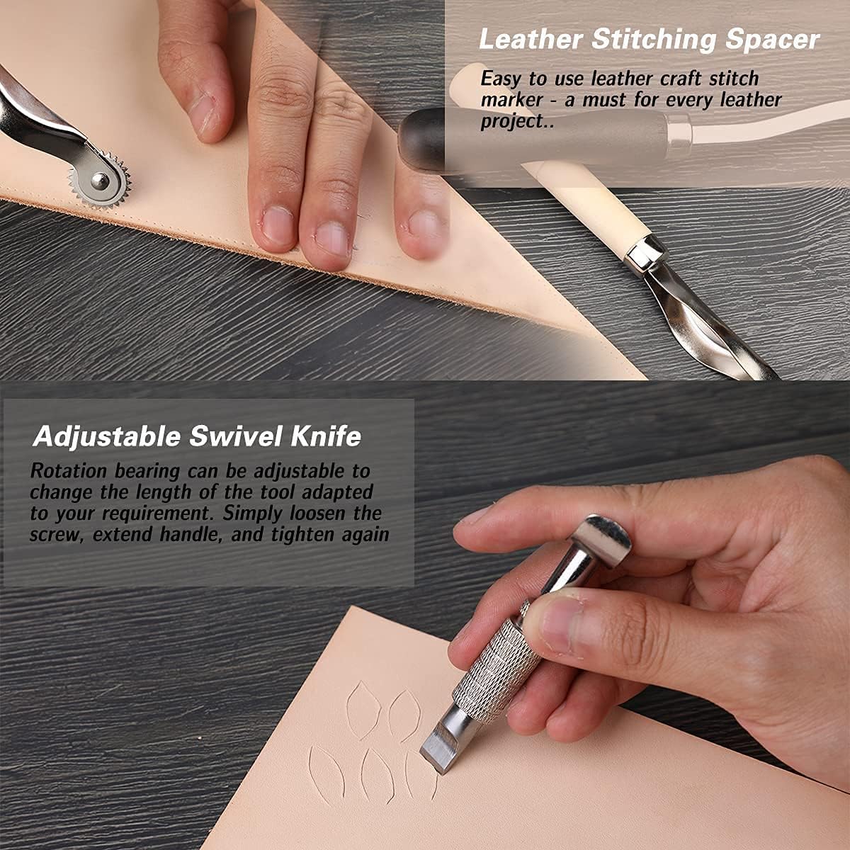 Set unelte prelucrare piele, 328 piese, cu scule modelaj, perforatori, ata pentru pielarie, ace de cusut, stampile, capse, placa de taiere, instrumente de bricolaj si marochinarie cu husa de depozitare si transport