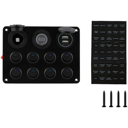 Panou cu voltmetru si 8 intrerupatoare , priza cu 2 USB , butoane luminoase , priza auto 12 V 24V , pentru masina , camion , barca , rulota , iaht