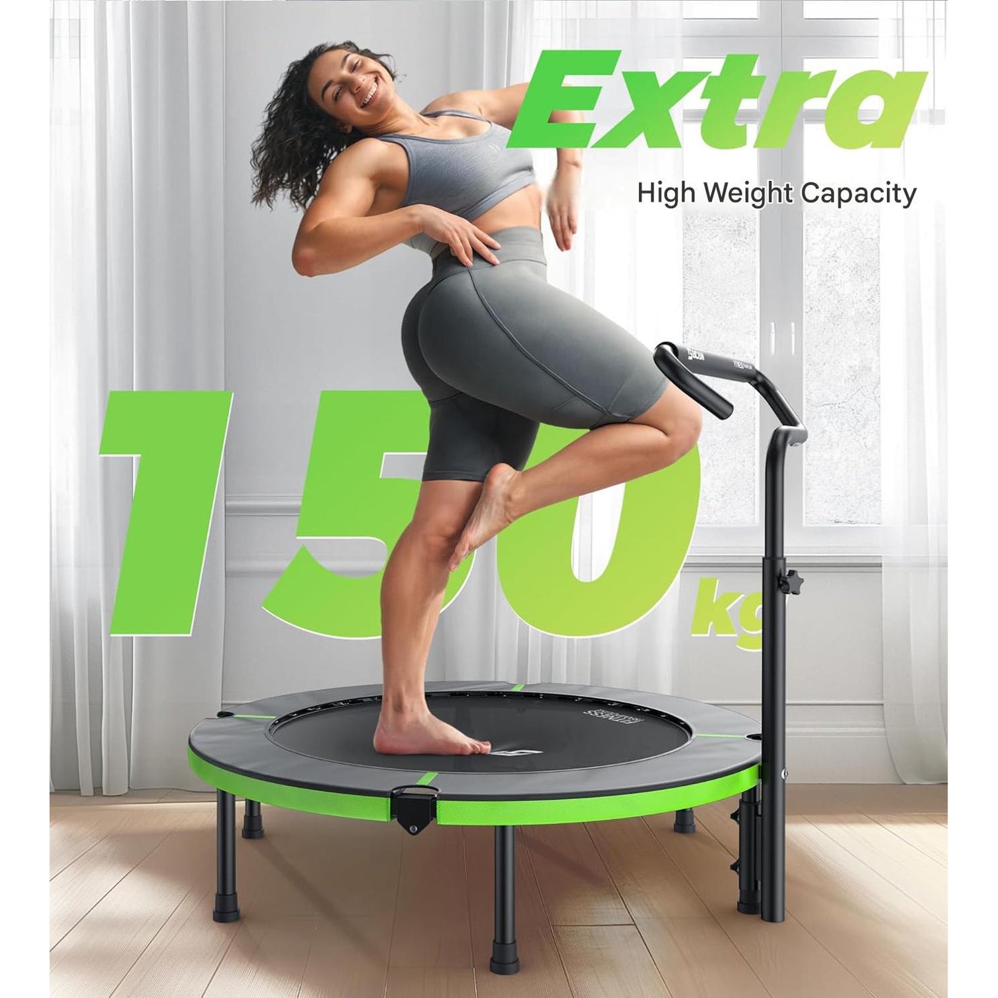 Trambulina fitness pliabila BCAN 102 cm pentru interior, capacitate maxima 150 kg, 32 arcuri ranforsate, cadru metalic stabil, ghidon reglabil cu maner din spuma, sistem anti-rasturnare, trambulina pentru exercitii cardio si fitness