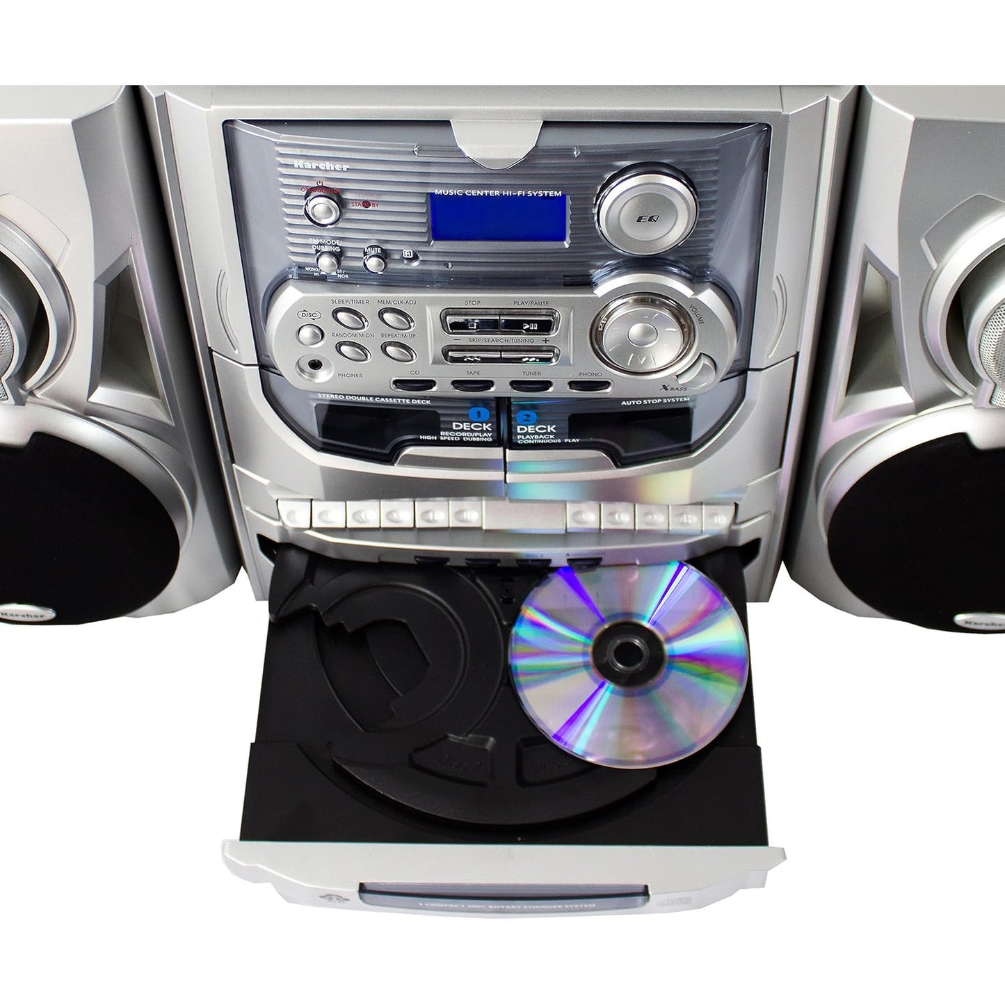 Sistem audio 5-in-1 Karcher KA 5300 – pick-up vinil, CD Changer 3 discuri, casetofon, radio FM/AM, difuzoare integrate, telecomanda, stil retro modern, argintiu