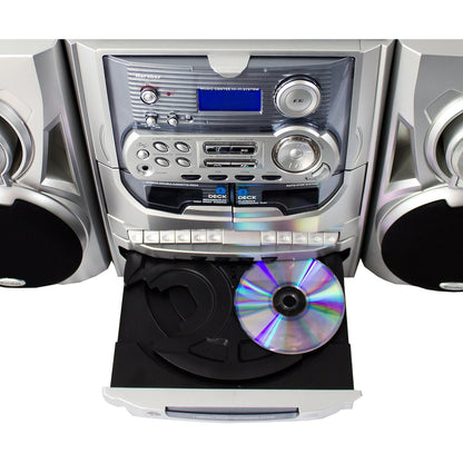 Sistem audio 5-in-1 Karcher KA 5300 – pick-up vinil, CD Changer 3 discuri, casetofon, radio FM/AM, difuzoare integrate, telecomanda, stil retro modern, argintiu