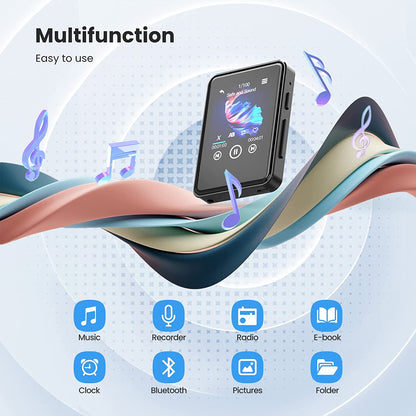 MP3 Player 64 GB cu Bluetooth 5,2, touchscreen 2,4 inch, difuzor incorporat, sunet HiFi, Ebook, ceas cu alarma, Radio FM, inregistrare voce, negru
