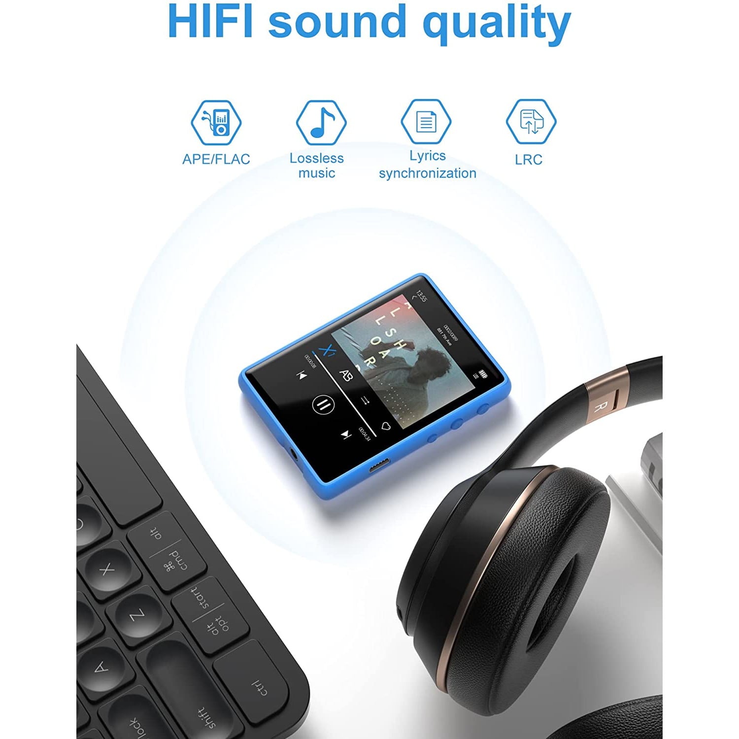 MP3 Player 32 Gb cu Bluetooth 5.0, touchscreen 2,4 inch, sunet HiFI, difuzor, Radio FM, portabil, accepta card pana la 128 Gb, albastru
