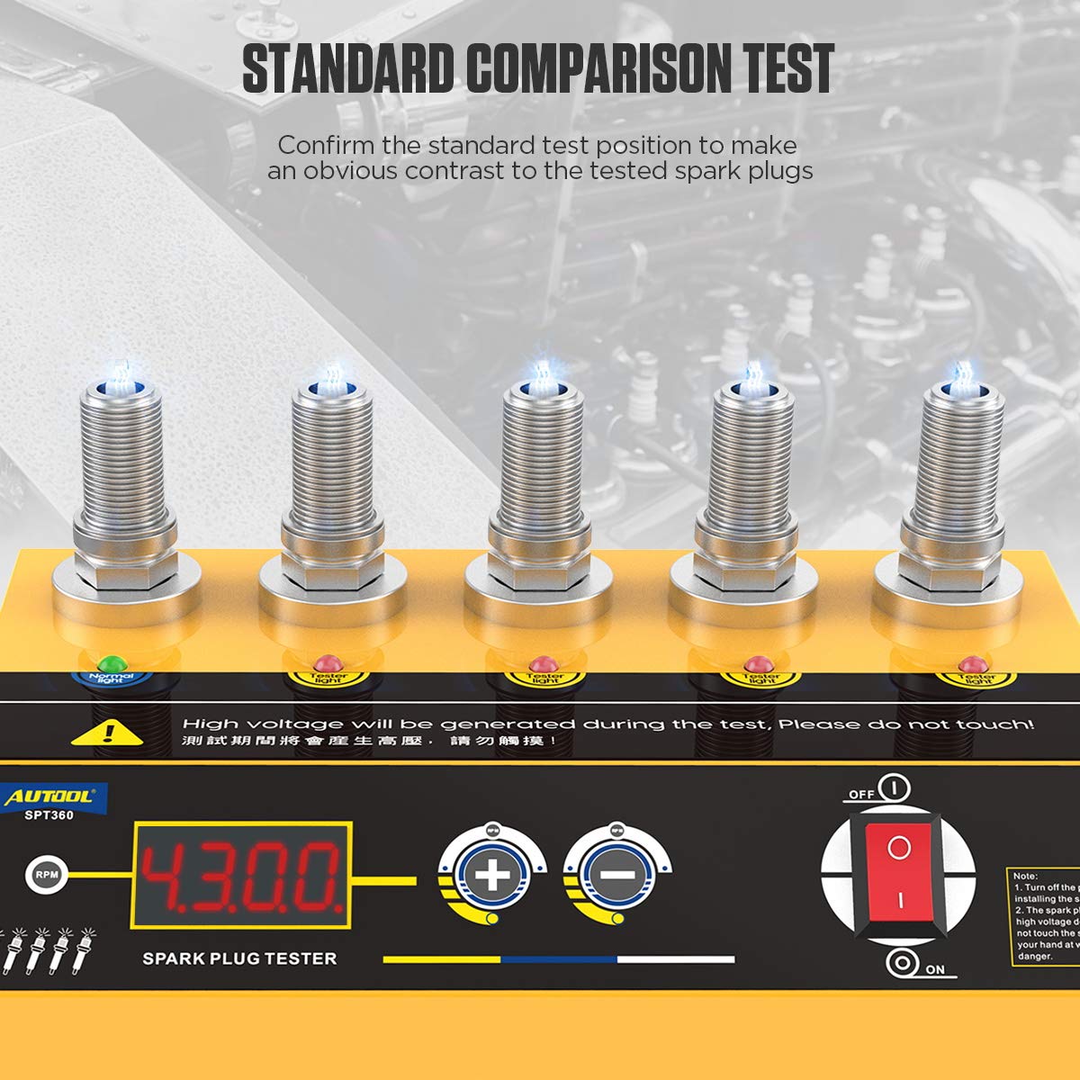 Tester bujii auto cu 5 socluri, AUTOOL SPT360, pentru masina si motocicleta, 200-9000 rpm, cu display LCD, 195 x 115 x 53 mm