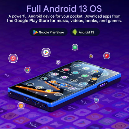 MP3 Player Android 160GB (32GB + 128GB), ecran de 5 inch HD, Android 13, 4GB RAM, Octa-Core, Bluetooth 5.0, WiFi Dual Band, Radio FM, mod copii, compatibil Spotify, Amazon Music, Deezer, Audible, baterie 2500mAh