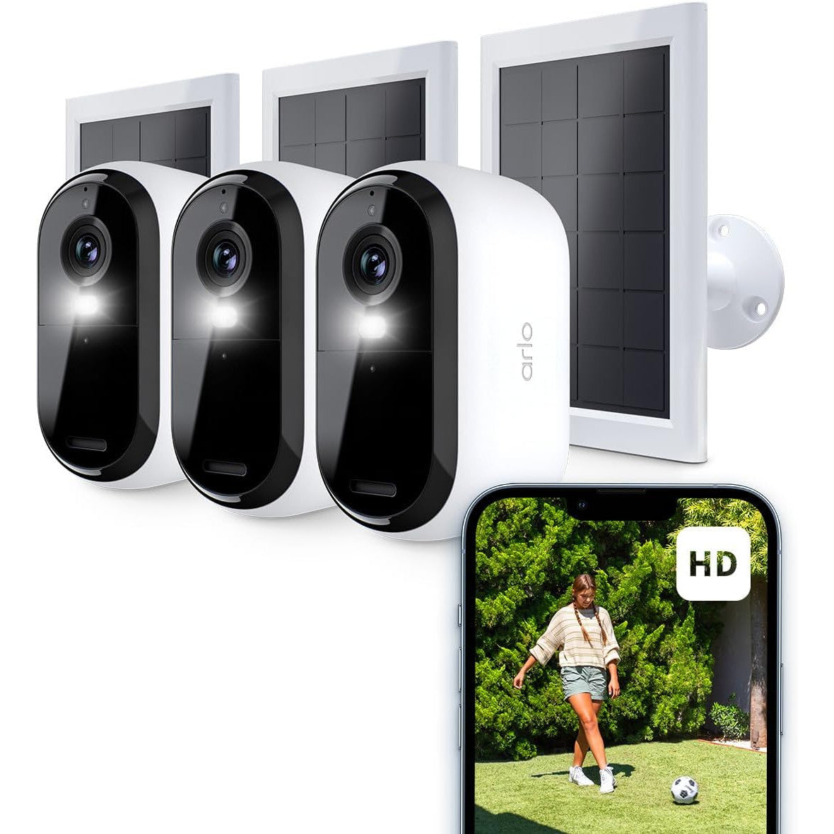 Camera de supraveghere Arlo Essential HD, set 3 bucati cu panouri solare, wireless, video 1080p, vedere nocturna, color cu lumina, senzor de miscare, alarma, audio bidirectional, compatibil Smart Home