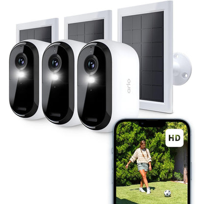 Camera de supraveghere Arlo Essential HD, set 3 bucati cu panouri solare, wireless, video 1080p, vedere nocturna, color cu lumina, senzor de miscare, alarma, audio bidirectional, compatibil Smart Home