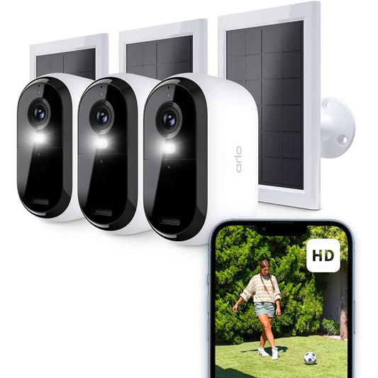 Camera de supraveghere Arlo Essential HD, set 3 bucati cu panouri solare, wireless, video 1080p, vedere nocturna, color cu lumina, senzor de miscare, alarma, audio bidirectional, compatibil Smart Home