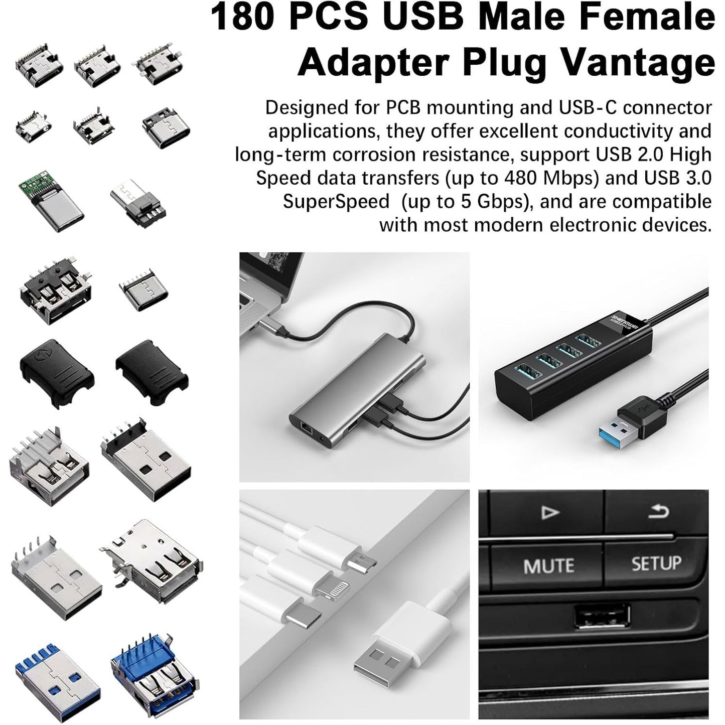 Kit adaptoare USB A/C/Micro USB 180 piese AYWHP, USB 2.0 si 3.0, conectori mascul/femela pentru lipire si reparatii electronice DIY, compatibil PC, Laptop si dispozitive mobile