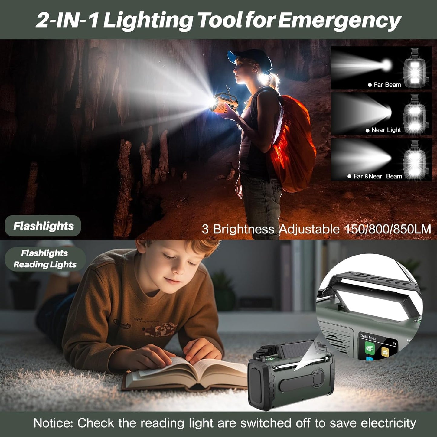 Radio de urgenta DAB/FM, 20000 mAh, manivela si panou solar, Bluetooth, powerbank, AUX, lanterna LED, alarma SOS, busola, ceas, incarcare USB, verde