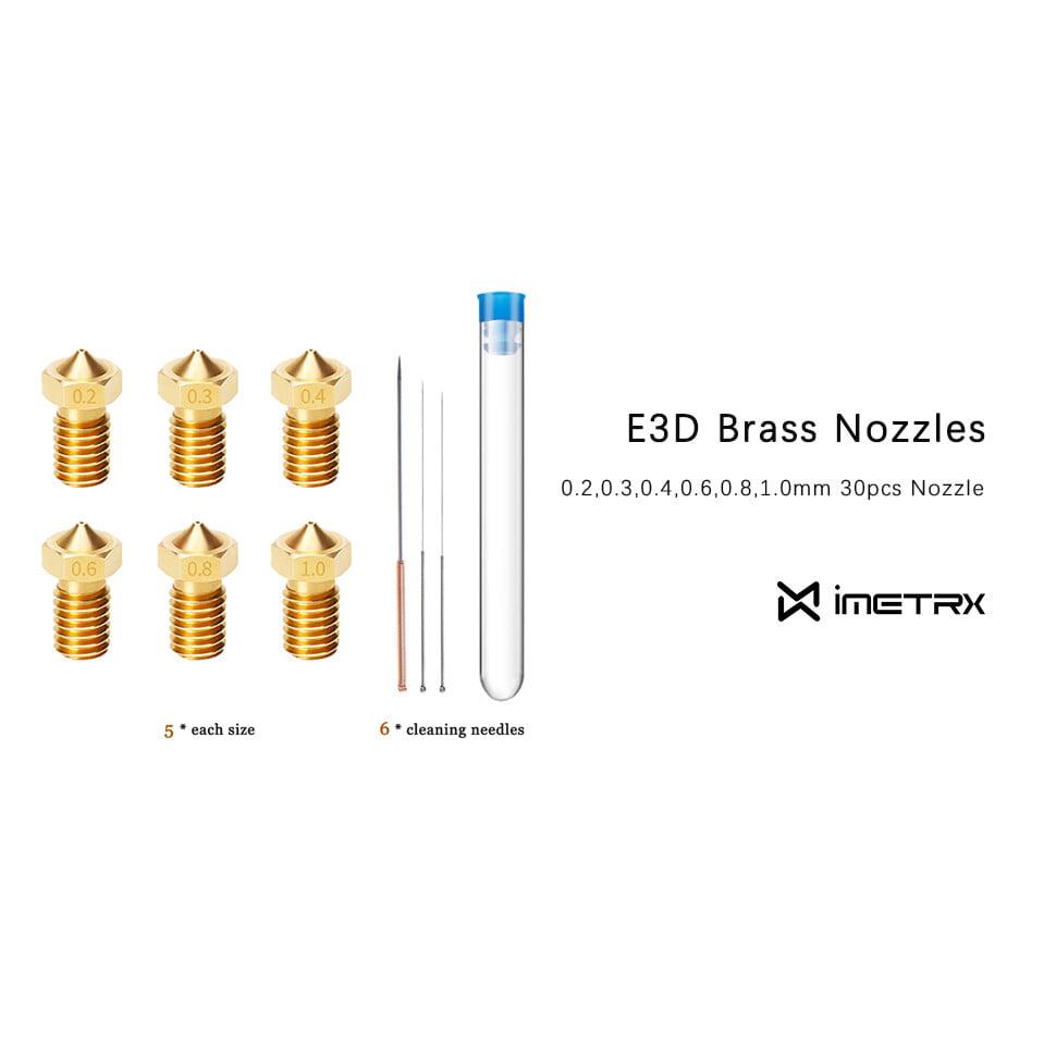 Set duze imprimanta 3D, 30 bucati, 0,2 mm; 0,3 mm; 0,4 mm; 0,6 mm; 0,8 mm; 1,0 mm, din alama, filet M6, pentru filament 1.75 mm, cu tije de curatare, pentru hotend V5, V6