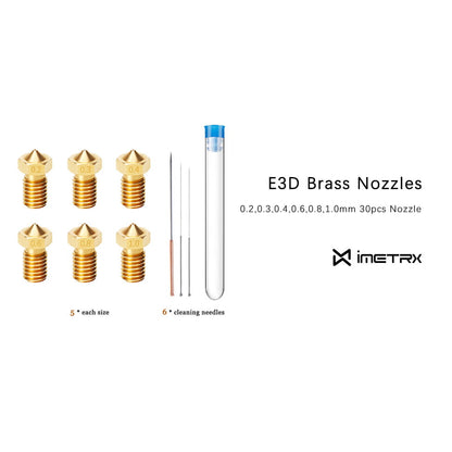 Set duze imprimanta 3D, 30 bucati, 0,2 mm; 0,3 mm; 0,4 mm; 0,6 mm; 0,8 mm; 1,0 mm, din alama, filet M6, pentru filament 1.75 mm, cu tije de curatare, pentru hotend V5, V6
