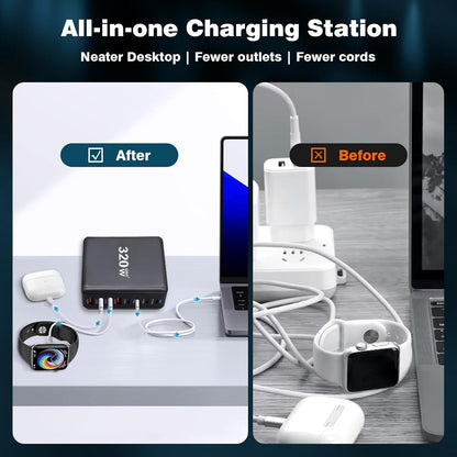 Incarcator retea 320 W, statie de incarcare GaN III, cu 8 porturi, 4 USB-C PD si 4 USB-A QC, pentru MacBook Pro Air, iPad Pro Air, iPhone, Galaxy, smartphone, laptop