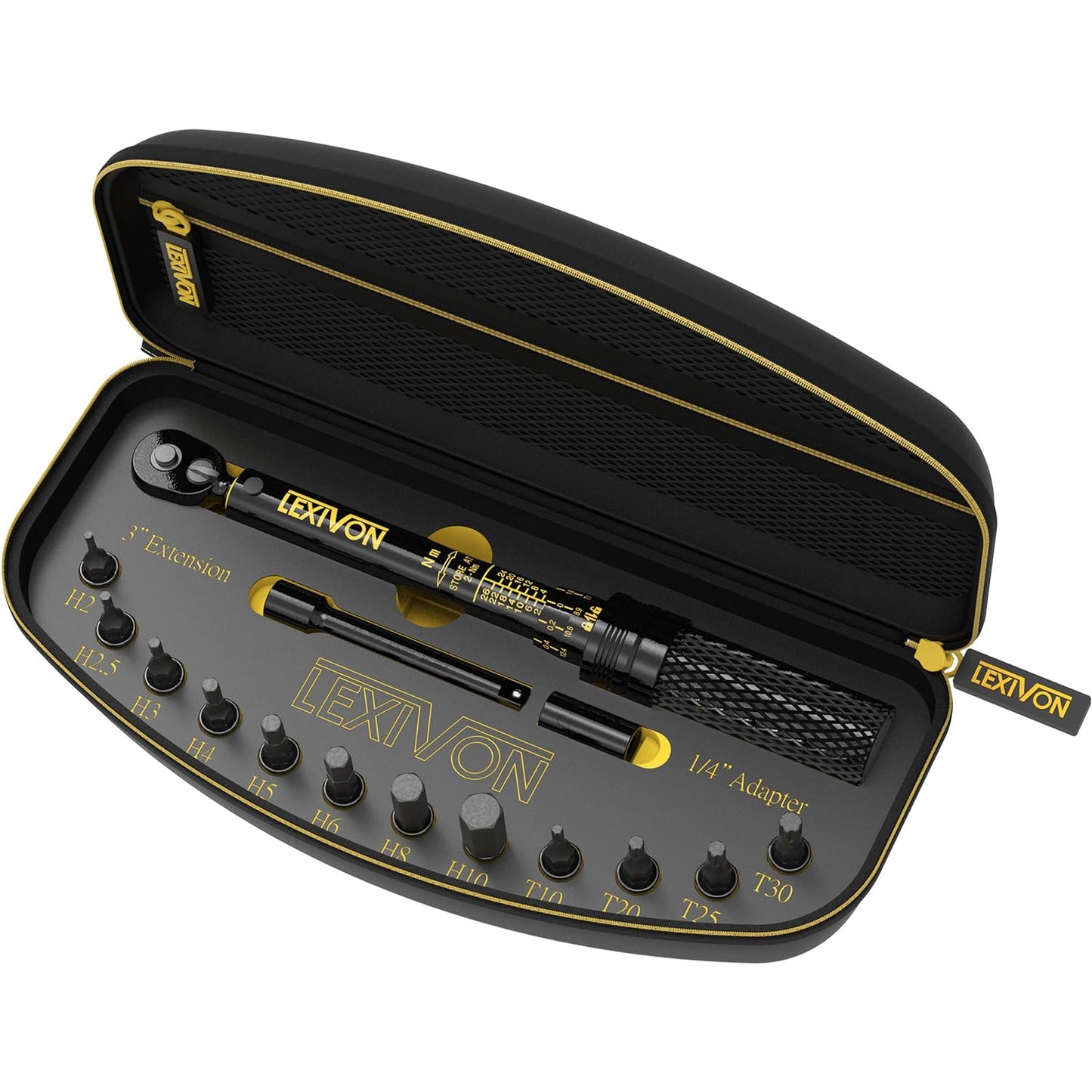 Set cheie dinamometrica 2-26 Nm, cu chei tubulare cu biti torx si hex, adaptor 1/4 inch, extensie de 3 inch, cu clichet, Lexivon LX-191