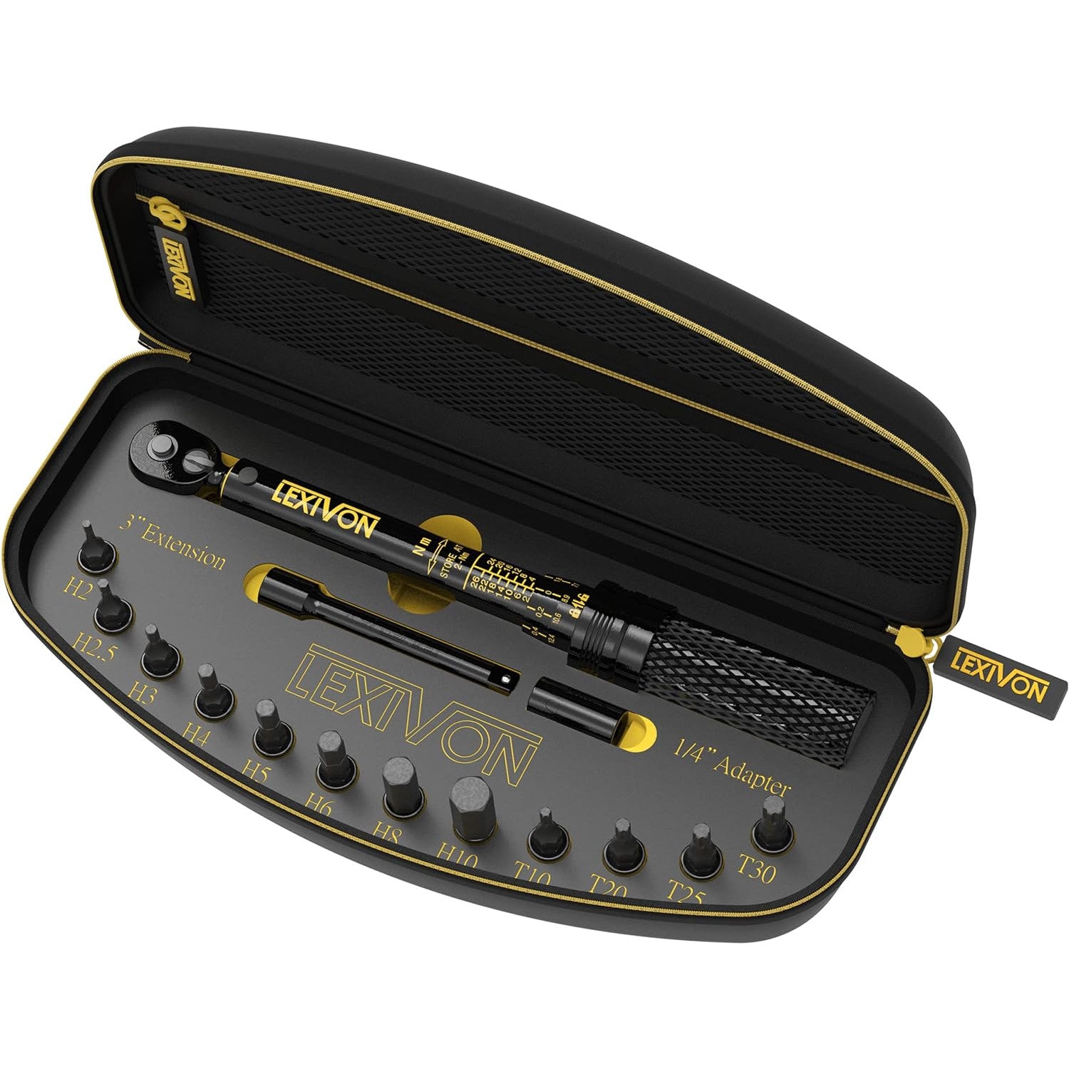 Set cheie dinamometrica 2-26 Nm, cu chei tubulare cu biti torx si hex, adaptor 1/4 inch, extensie de 3 inch, cu clichet, Lexivon LX-191