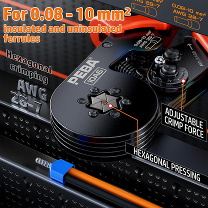 Set cleste sertizare, 24 tipuri conectori de lungimi diferite, cleste sertizare hexagonal 0,08-10,0 mm², cu cleste dezizolare 0,25-6 mm², in cutie pentru depozitare si transport