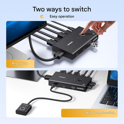 Comutator KVM HDMI pentru 2 PC-uri si 1 monitor, rezolutie pana la 4K 60Hz, 3x USB-A + 1x USB-C USB 3.0, transfer date 5Gbps, partajare tastatura, mouse, imprimanta si stick USB, suport HDR10+, VRR, G-Sync si FreeSync, comutare prin buton si telecomanda