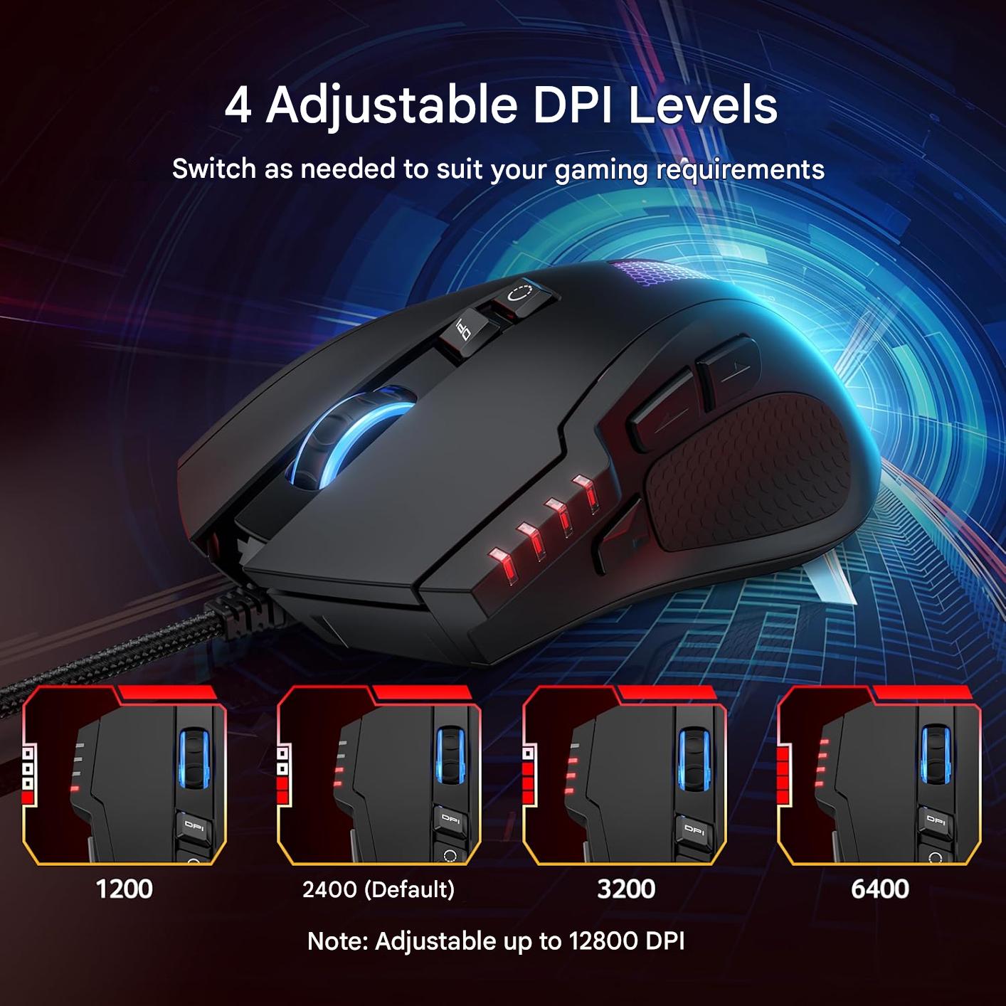 Mouse Gaming cu fir, 12800 DPI, 8 butoane programabile si macrocomenzi, buton declansare rapida reglabil, ergonomic cu suport silicon, RGB 12 presetari, rata interogare 1000 Hz – Ideal PC si Laptop
